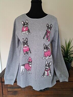 Astrologie French Bulldog Sweater Womens Size Medium Cozy Crew Grey Pink White